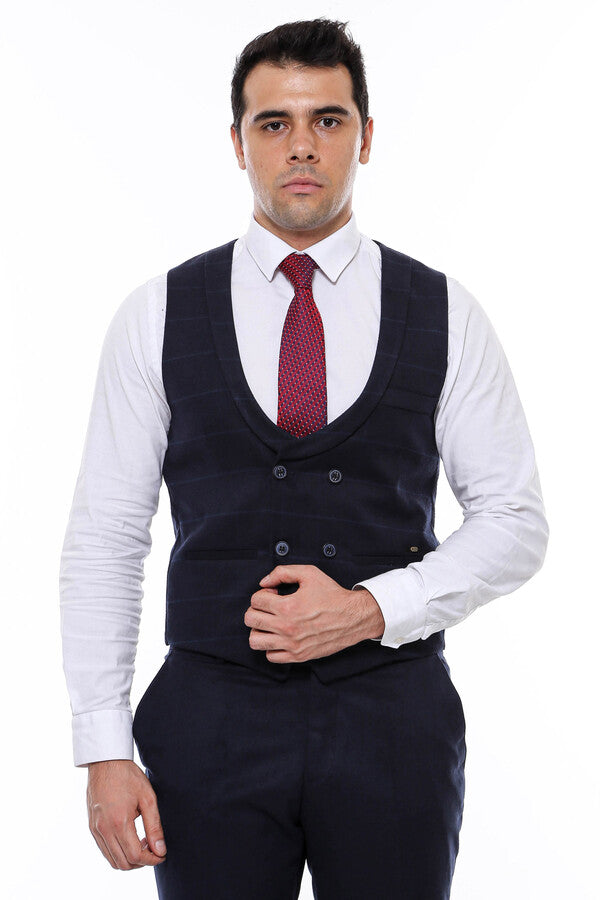 Plaid Collared Double Breasted Navy Blue Men Vest - Wessi