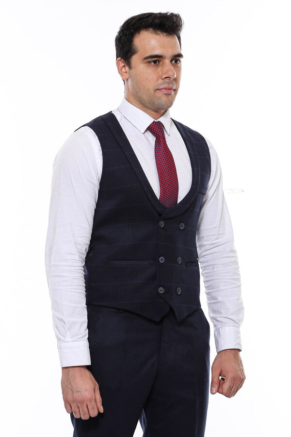 Plaid Collared Double Breasted Navy Blue Men Vest - Wessi