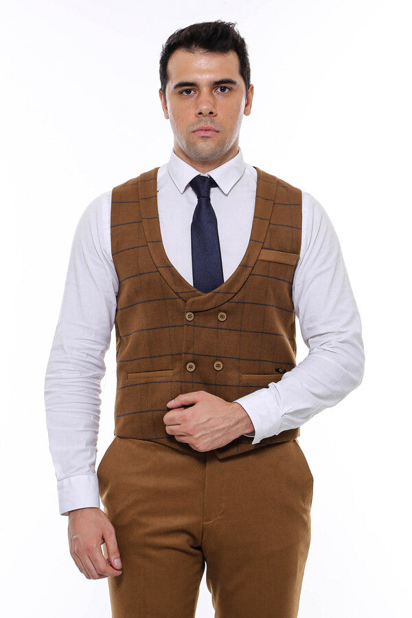 Chaleco de hombre color canela con doble botonadura a cuadros - Wessi