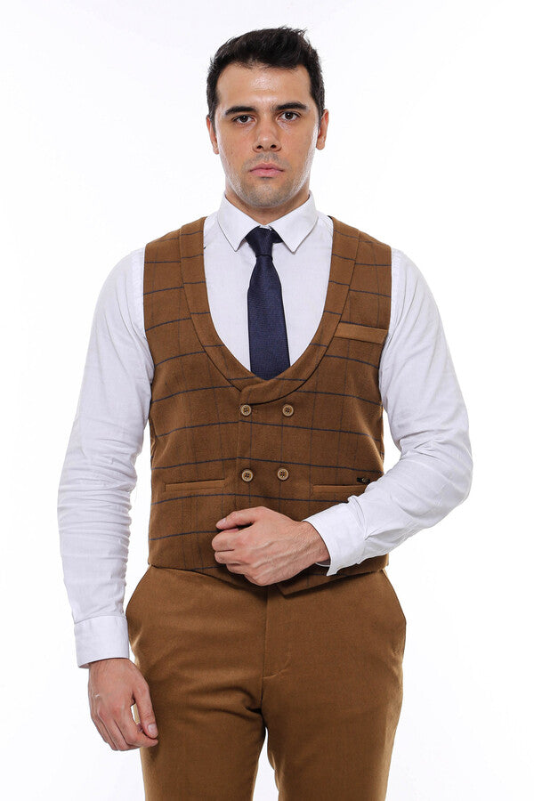 Plaid Double Breasted Tan Men Vest - Wessi