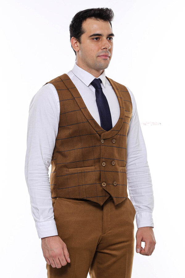 Plaid Double Breasted Tan Men Vest - Wessi