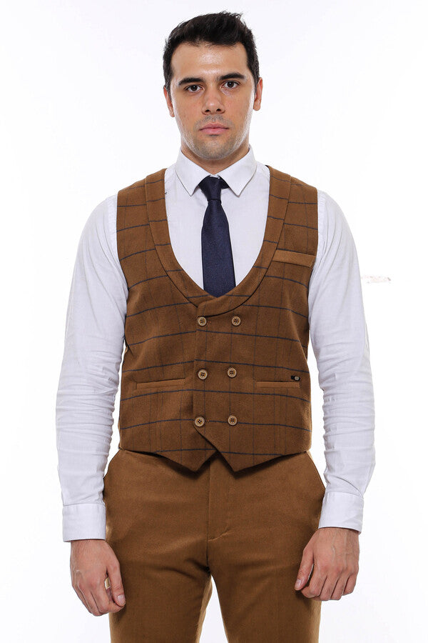 Plaid Double Breasted Tan Men Vest - Wessi