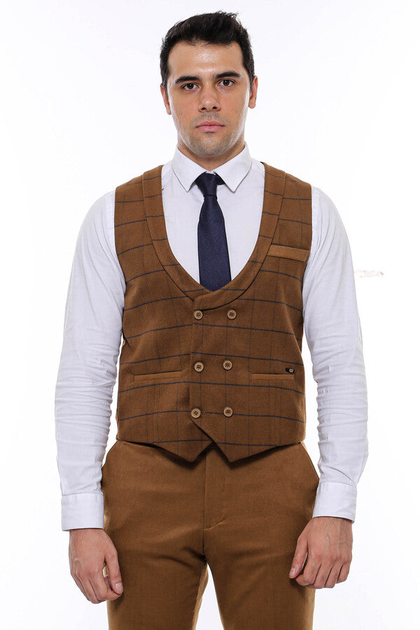 Chaleco de hombre color canela con doble botonadura a cuadros - Wessi
