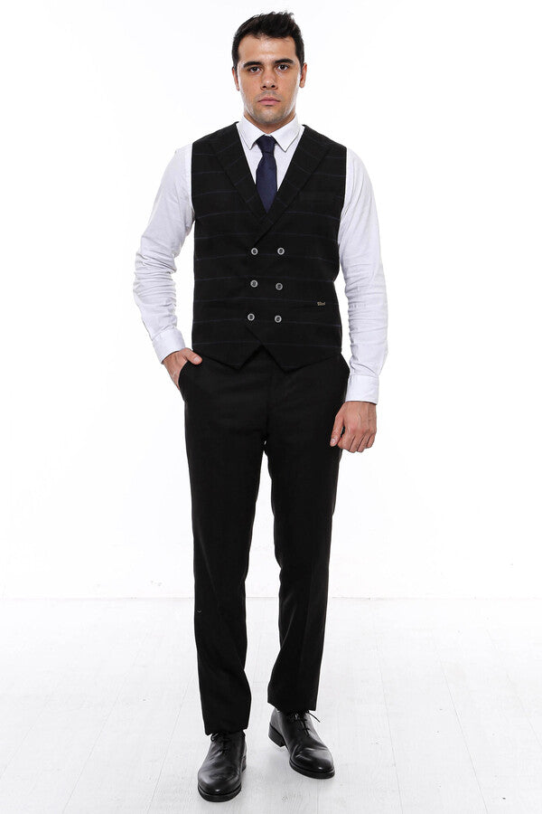 Plaid Double Breasted Collared Black Men Vest - Wessi