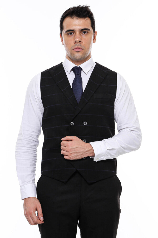 Plaid Double Breasted Collared Black Men Vest - Wessi