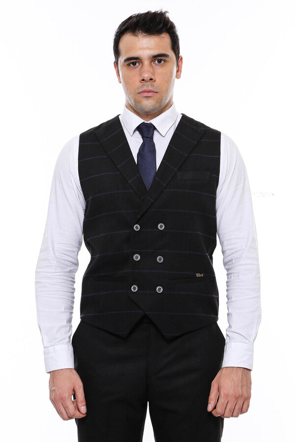 Plaid Double Breasted Collared Black Men Vest - Wessi