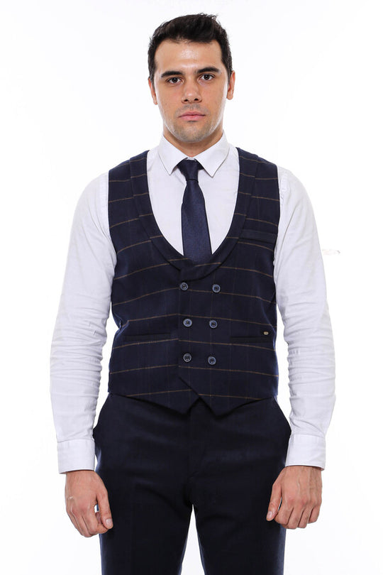 Plaid Double Breasted Collared Navy Blue Men Vest - Wessi Wessi - Discover Diversity Plaid Double Breasted Collared Navy Blue Men Vest - Wessi Wessi - Discover Diversity