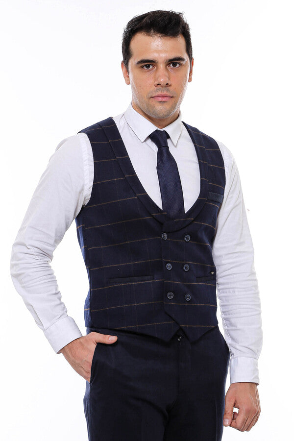 Plaid Double Breasted Collared Navy Blue Men Vest - Wessi