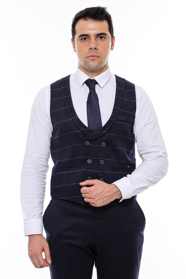 Plaid Double Breasted Collared Navy Blue Men Vest - Wessi