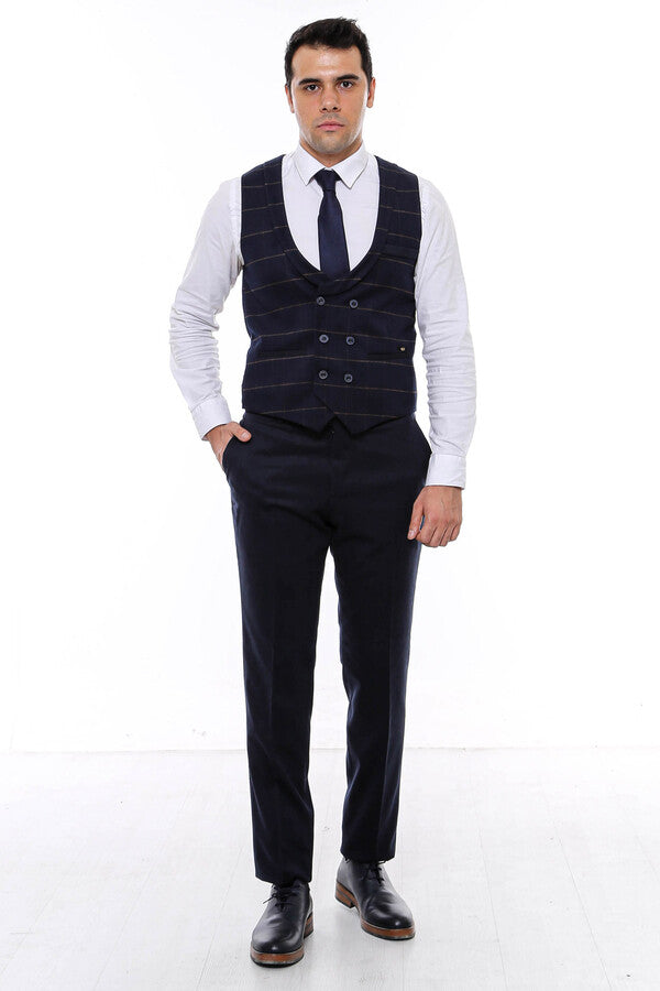 Plaid Double Breasted Collared Navy Blue Men Vest - Wessi