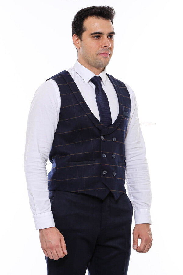 Plaid Double Breasted Collared Navy Blue Men Vest - Wessi