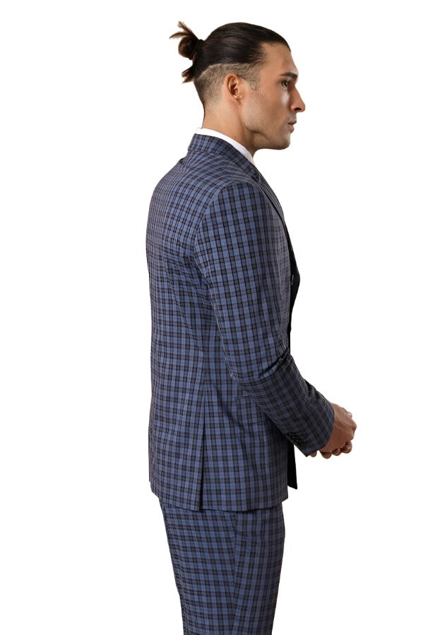 Plaid Navy Blue Men's Double Breasted Suit | Wessi