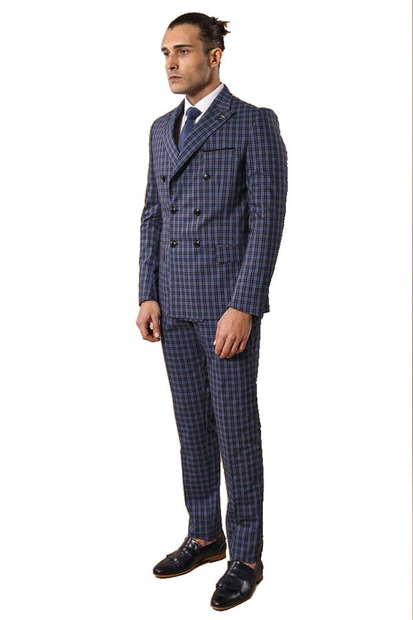 Plaid Navy Blue Men's Double Breasted Suit | Wessi