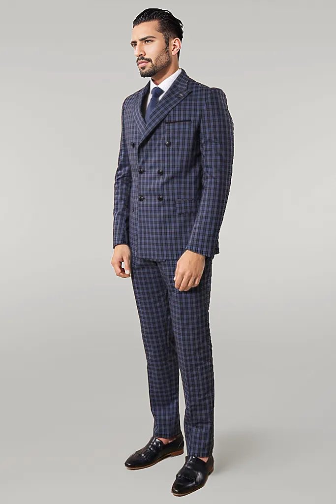 Plaid Navy Blue Men's Double Breasted Suit | Wessi