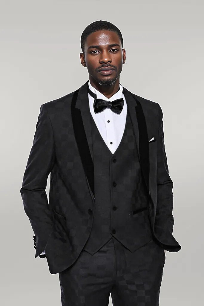 Plaid Slim Fit Black Men Tuxedo  - Wessi