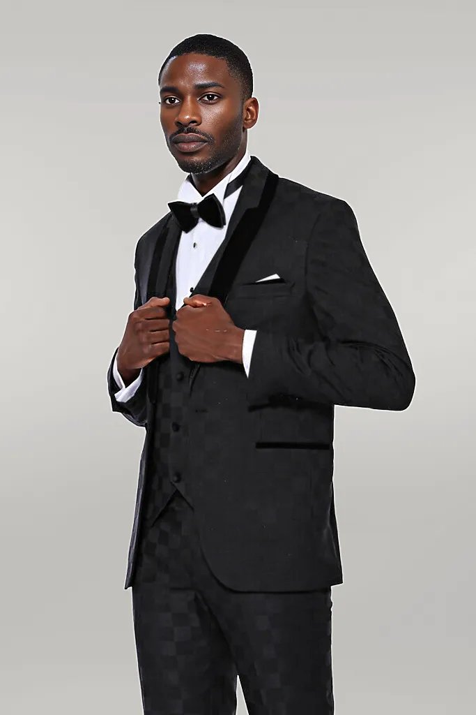 Plaid Slim Fit Black Men Tuxedo  - Wessi