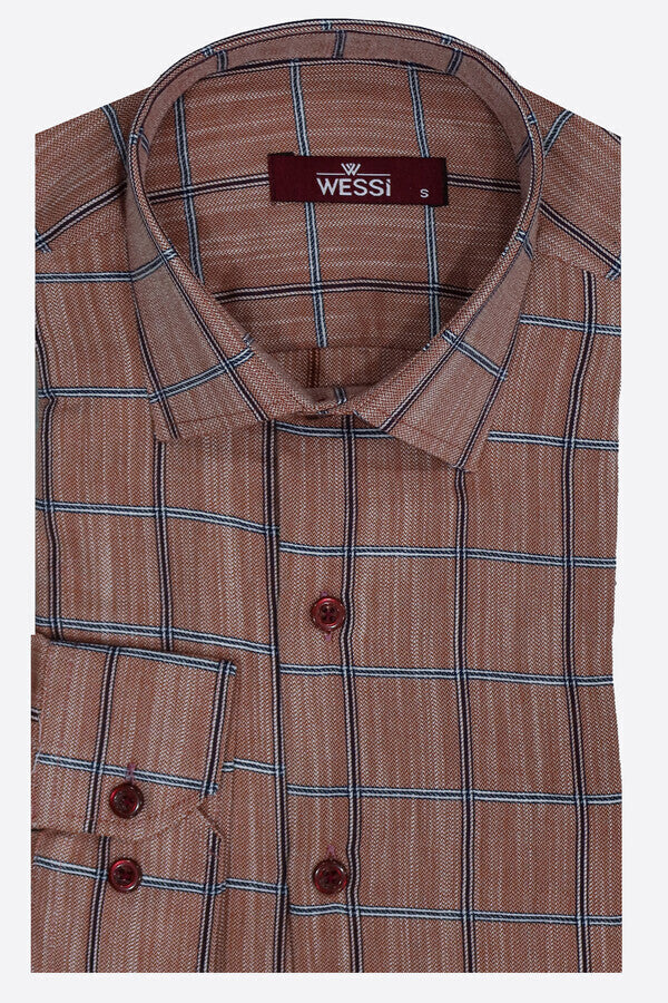 Plaid Slim Fit Brown Men Shirt - Wessi