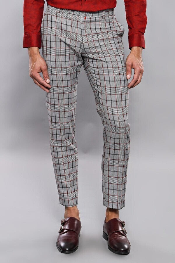 Plaid Slim-Fit Dark Grey Men Trousers - Wessi