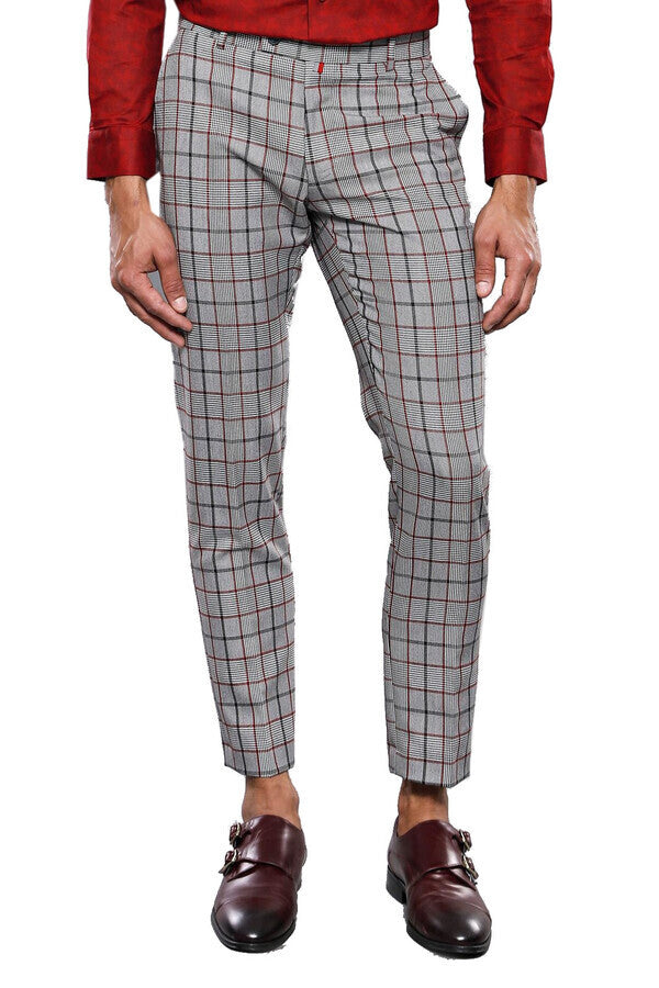 Plaid Slim-Fit Dark Grey Men Trousers - Wessi