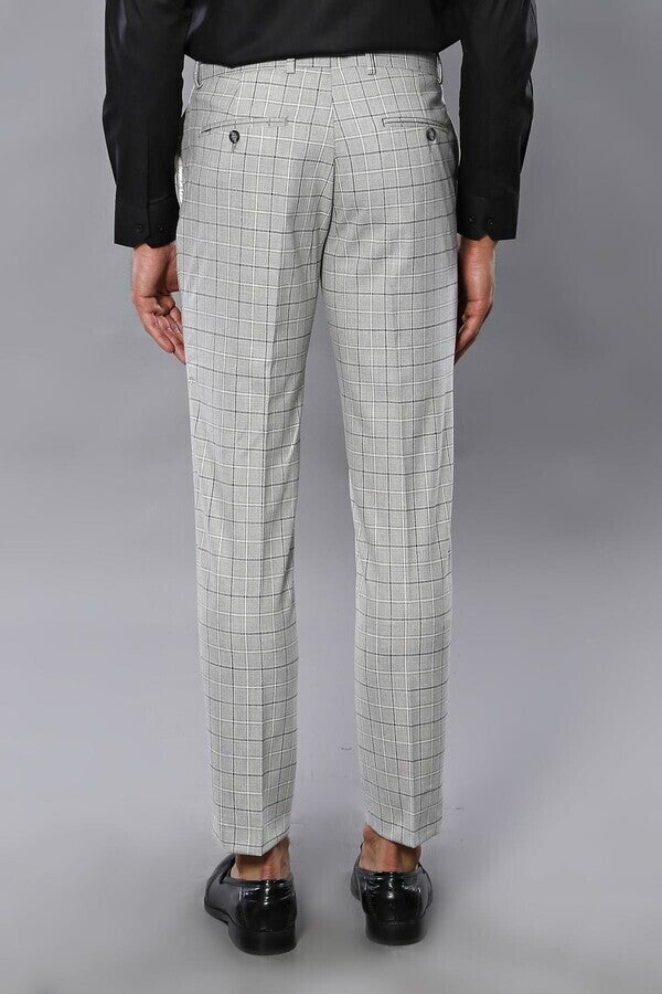 Plaid Slim-Fit Light Grey Men Trousers - Wessi