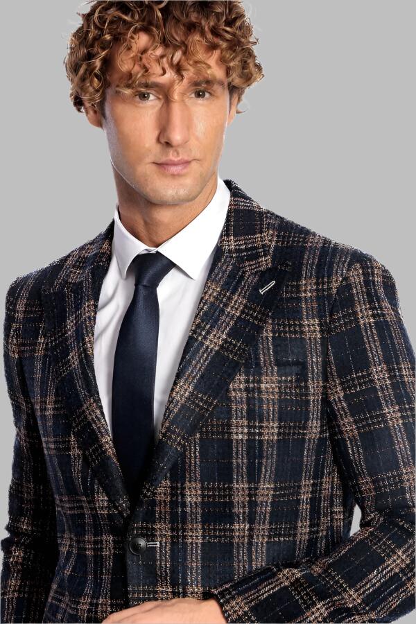 Plaid Slim Fit Navy Blue Men Blazer - Wessi