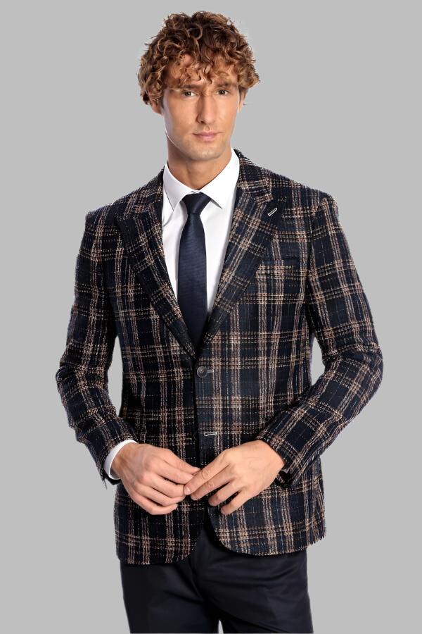 Plaid Slim Fit Navy Blue Men Blazer - Wessi