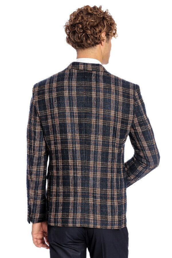 Plaid Slim Fit Navy Blue Men Blazer - Wessi