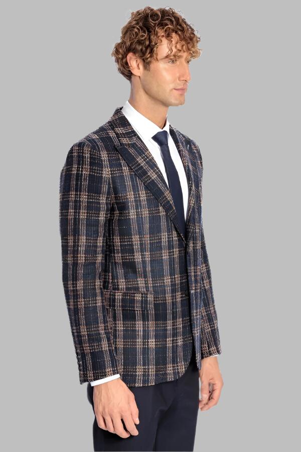 Plaid Slim Fit Navy Blue Men Blazer - Wessi