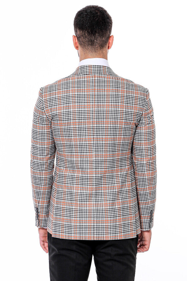 Plaid Slim-Fit Orange Black Men Blazer - Wessi