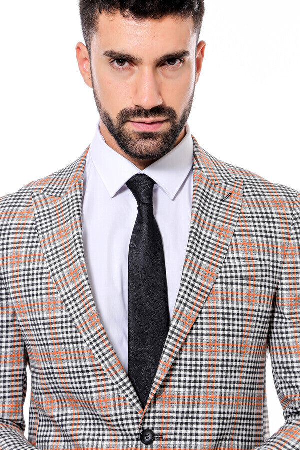 Plaid Slim-Fit Orange Black Men Blazer - Wessi