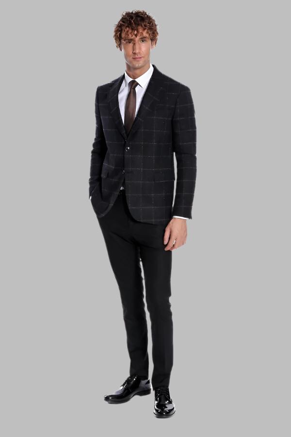 Plaid Wool Black Men Blazer - Wessi