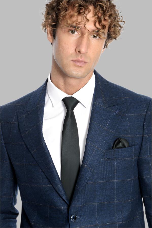 Plaid Wool Navy Blue Men Blazer - Wessi