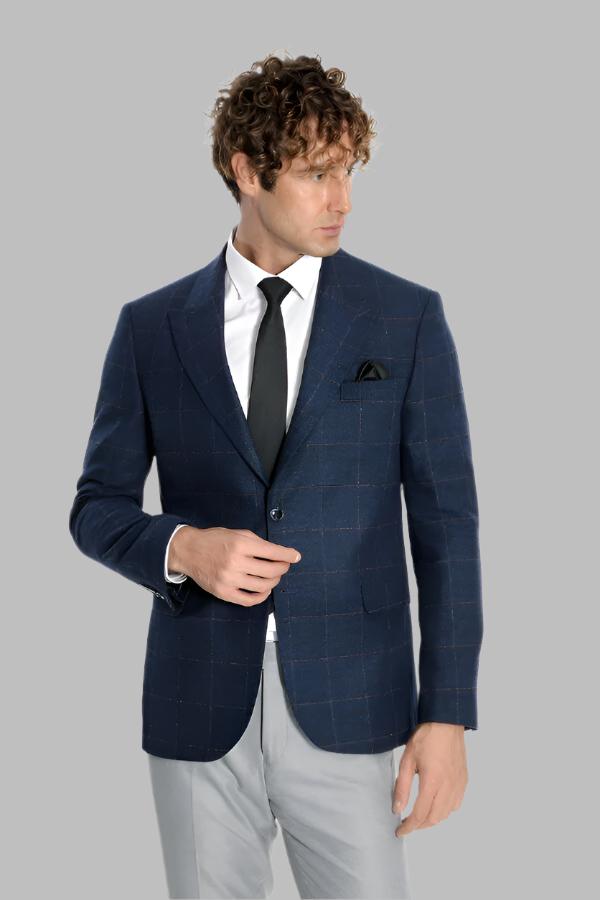 Plaid Wool Navy Blue Men Blazer - Wessi