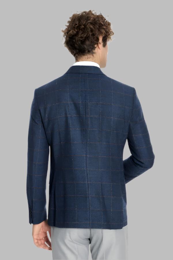 Plaid Wool Navy Blue Men Blazer - Wessi