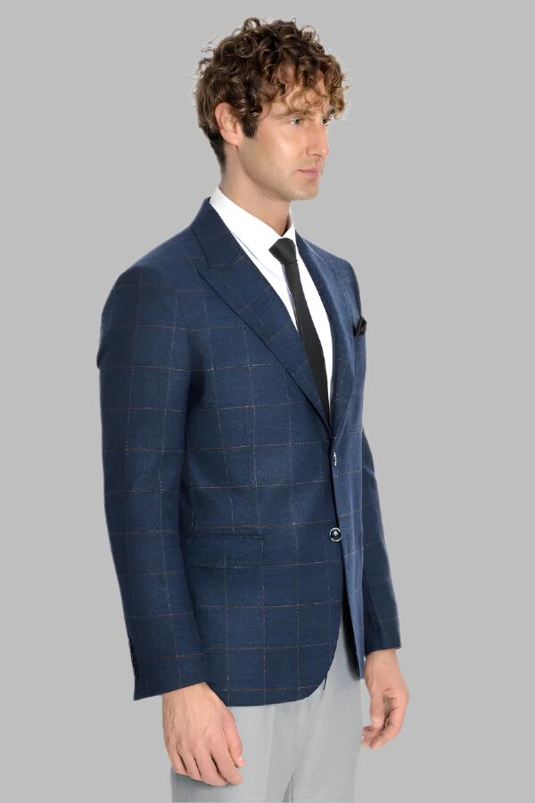 Plaid Wool Navy Blue Men Blazer - Wessi