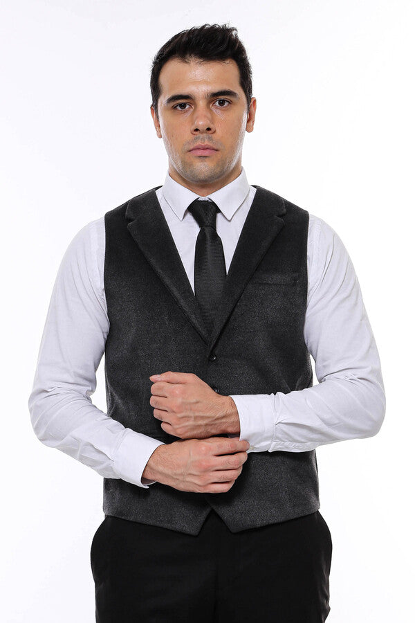 Plain Collared Anthracite Men Vest - Wessi