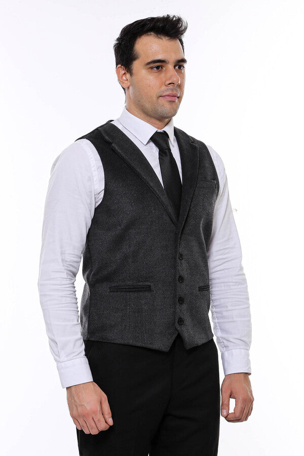 Plain Collared Anthracite Men Vest - Wessi