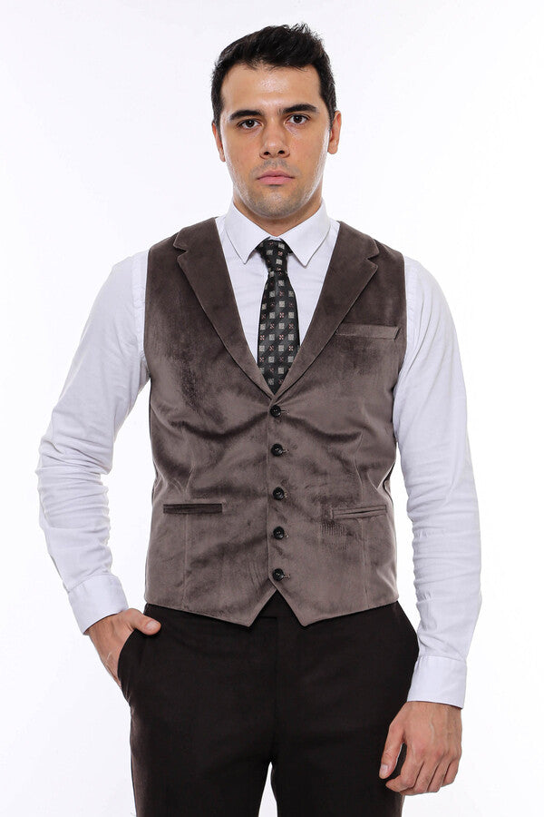 Plain Collared Brown Men Vest - Wessi