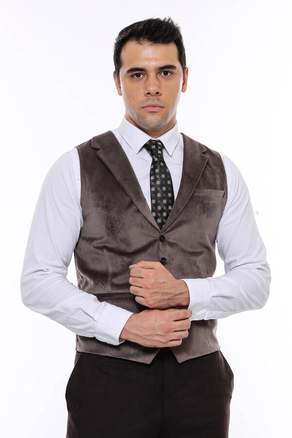 Plain Collared Brown Men Vest - Wessi