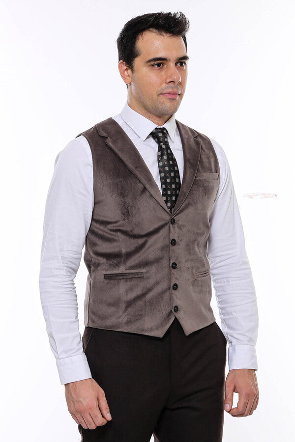 Plain Collared Brown Men Vest - Wessi