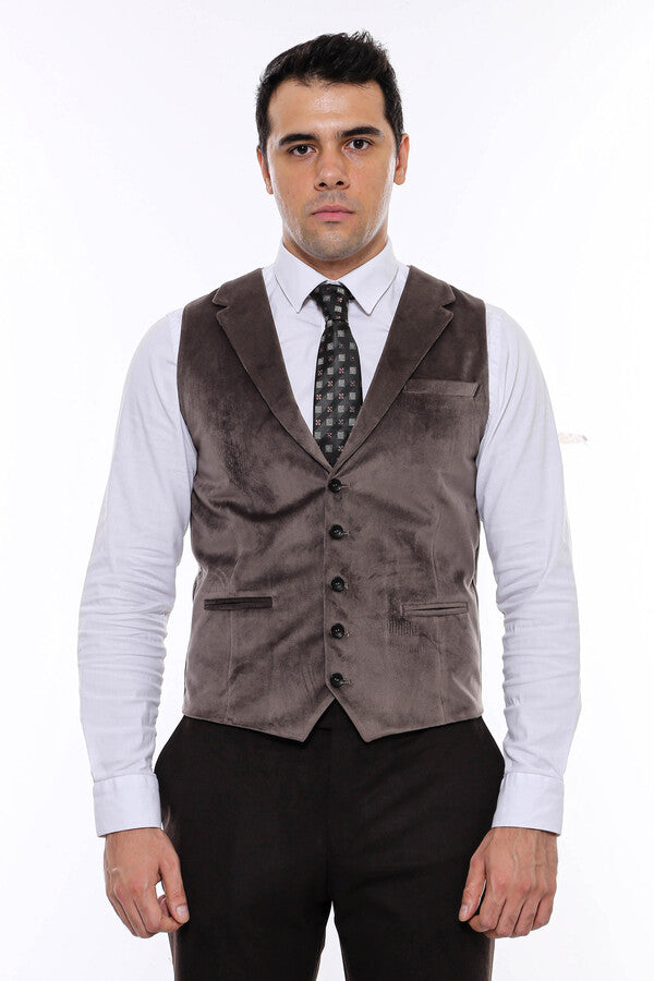 Plain Collared Brown Men Vest - Wessi