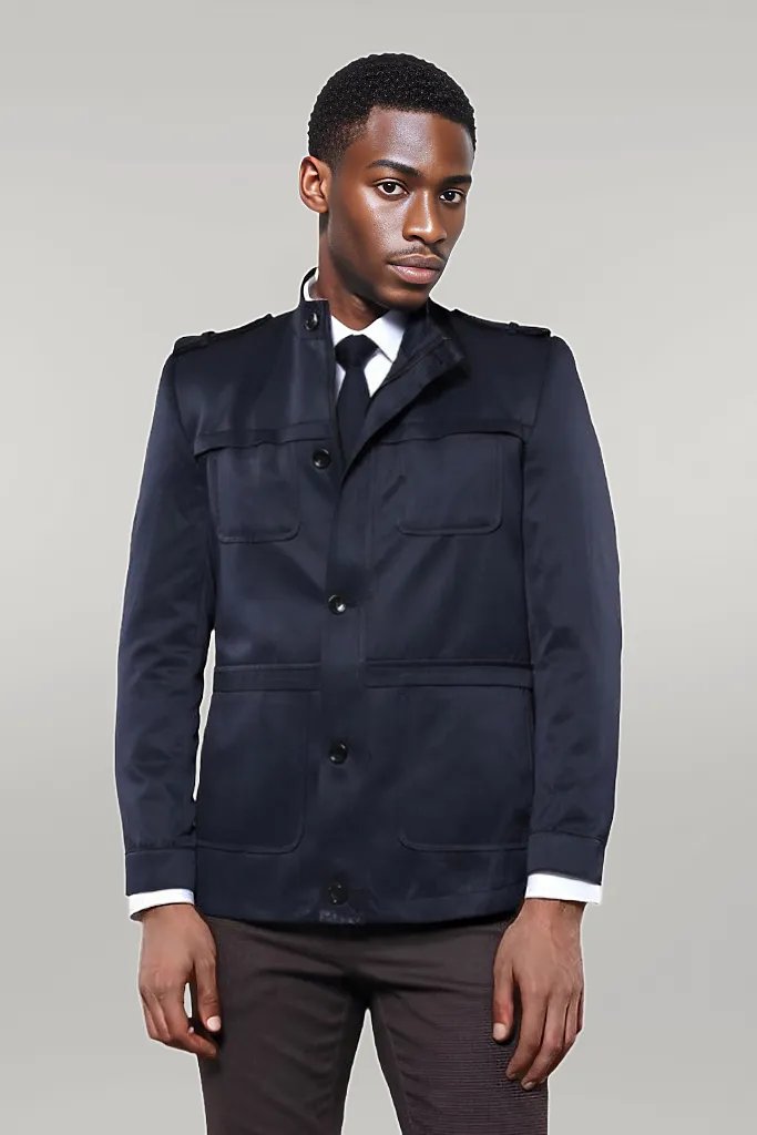 Plain Navy Blue Men Short Coat - Wessi