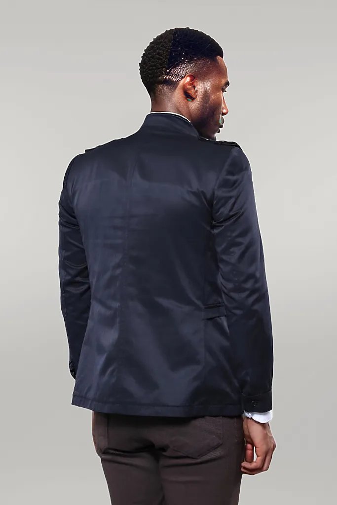 Plain Navy Blue Men Short Coat - Wessi