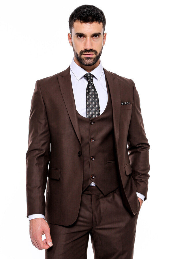 Plain Slim Fit Brown Men Suit - Wessi