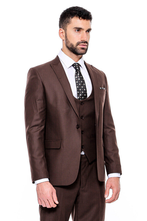 Plain Slim Fit Brown Men Suit - Wessi