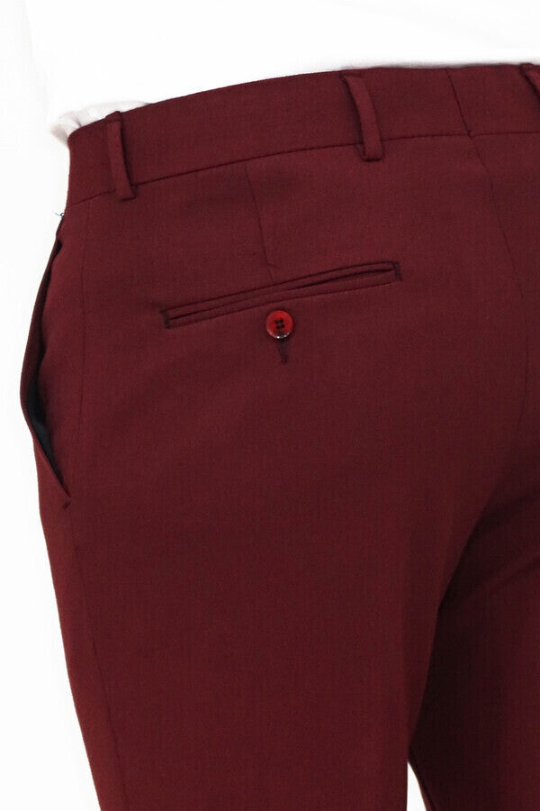 Slim Fit Plain Burgundy Men Pants - Wessi