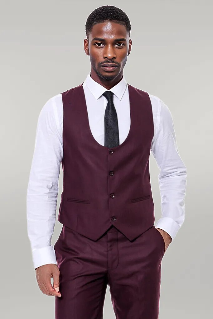 Plain Slim Fit Burgundy Men Suit - Wessi