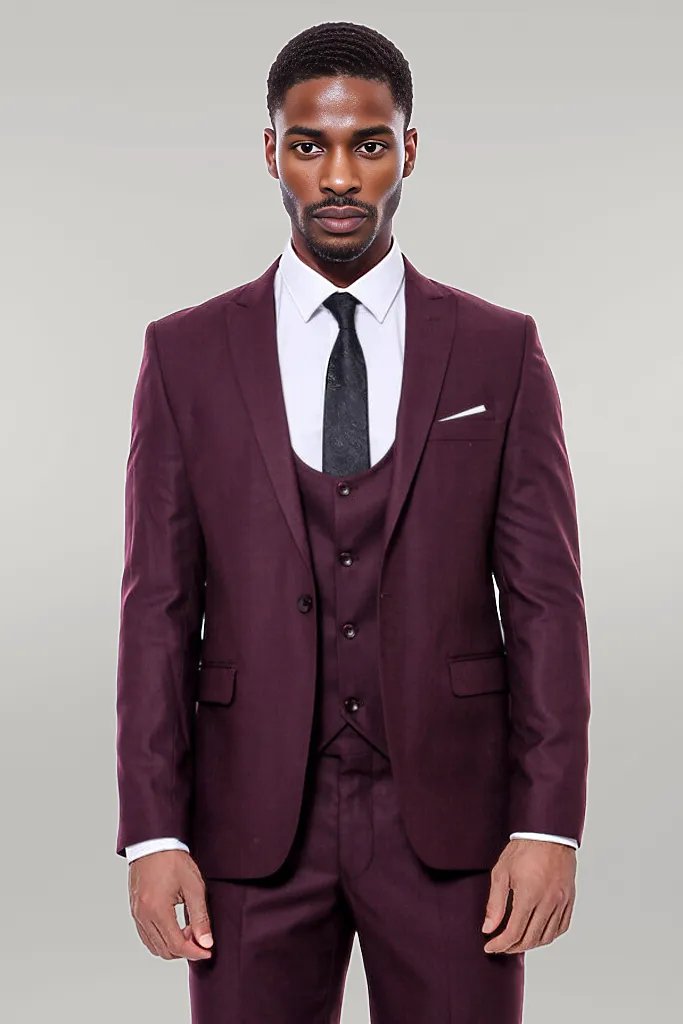 Plain Slim Fit Burgundy Men Suit - Wessi