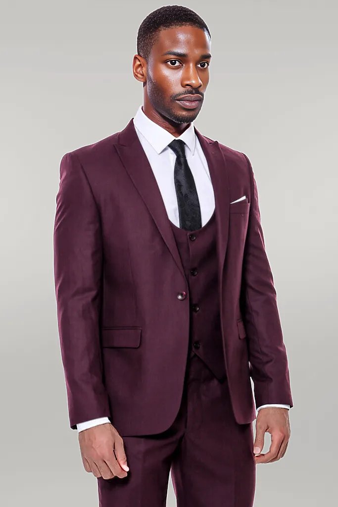 Plain Slim Fit Burgundy Men Suit - Wessi