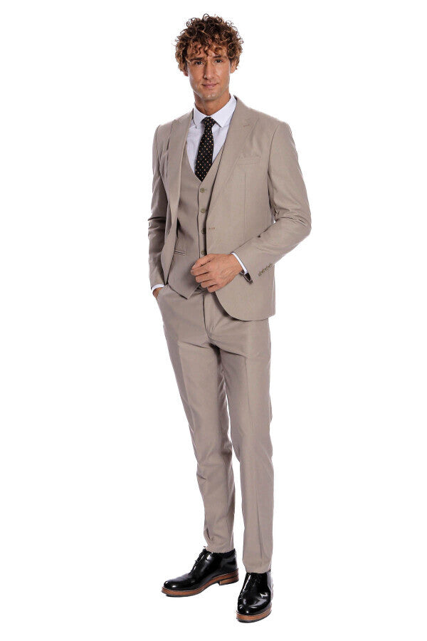 Plain Slim Fit Light Brown Men Suit - Wessi